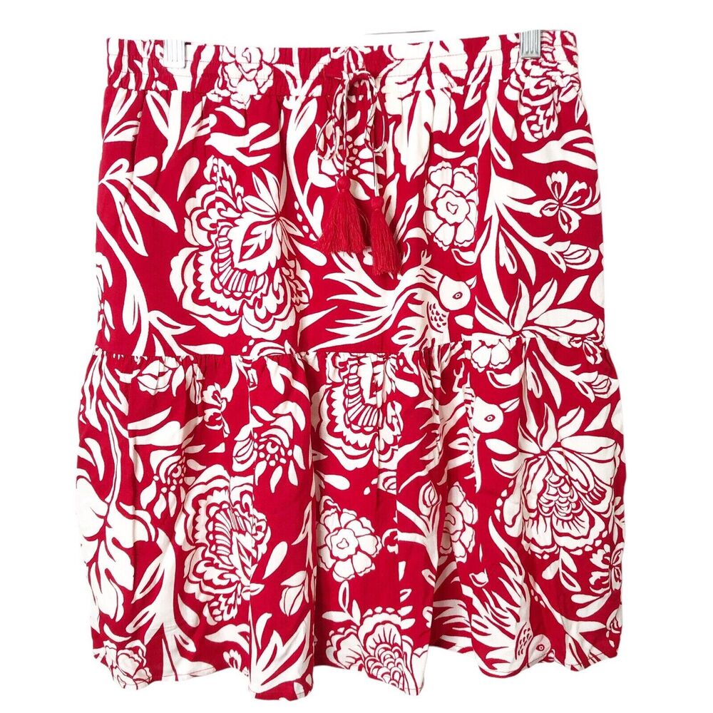 Knox Rose NWT Women's Red & White Tropical Bird Pull-On Skirt Size Medium
